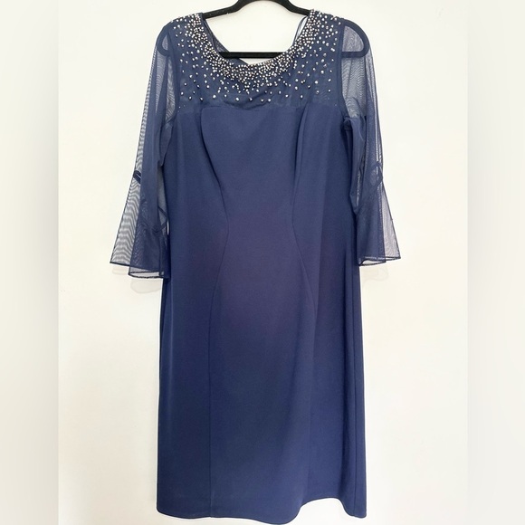 ALEX EVENINGS Stretch Crepe Beaded Illusion Round Neck 3/4 Bell Sleeve Dress - Picture 1 of 4